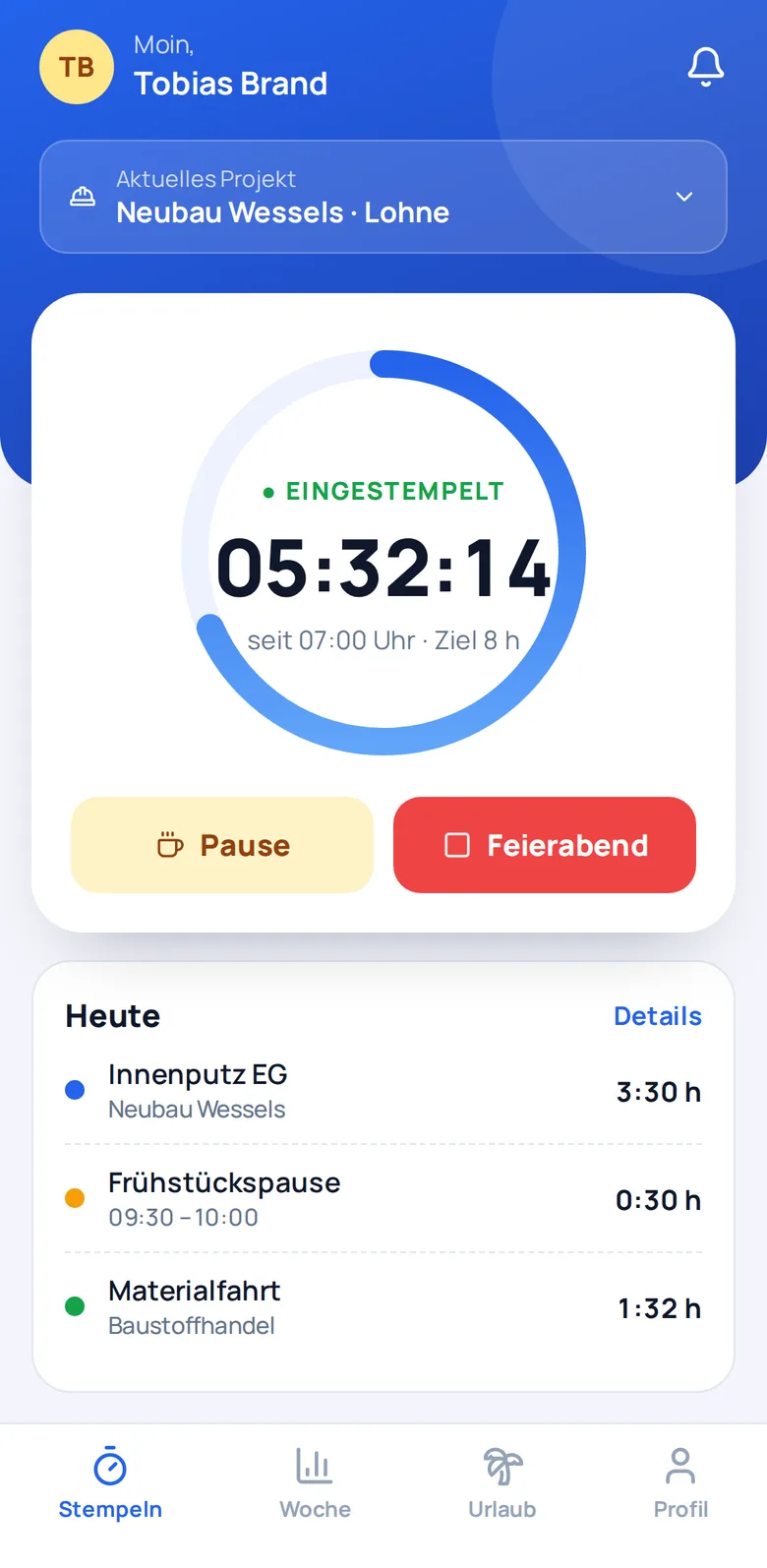 Bildschirm 1 der Zeiterfassungs-App