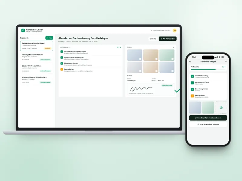 Beispiel Abnahmeprotokoll: Ansicht auf Laptop und Handy